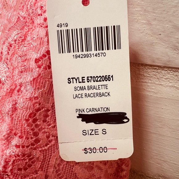 NWT Soma Bralette Lace Racerback Removable Padding S Small Pink Carnation #0371 - Picture 7 of 10